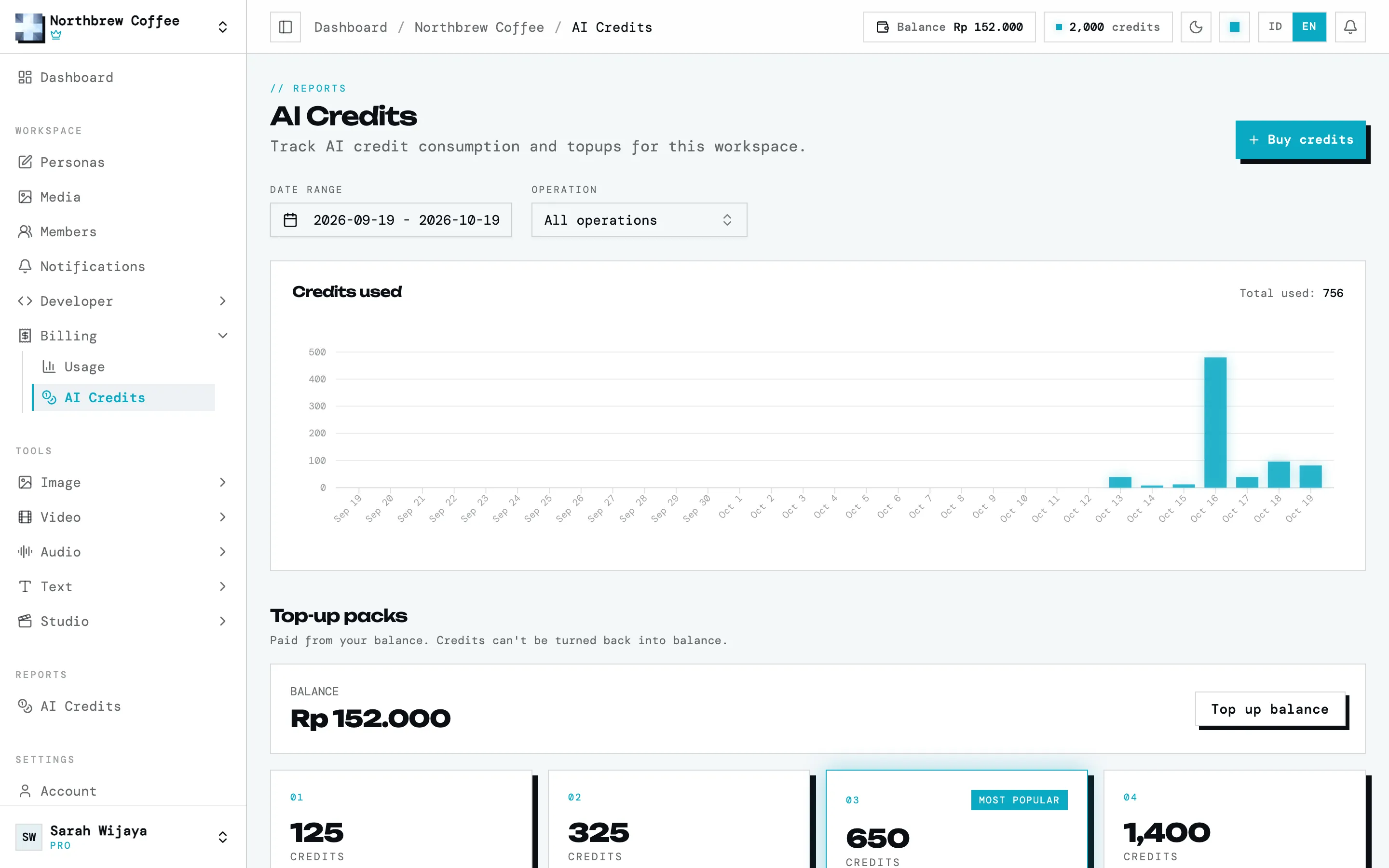 Halaman Kredit AI dengan grafik kredit terpakai dan paket top-up di bawahnya.