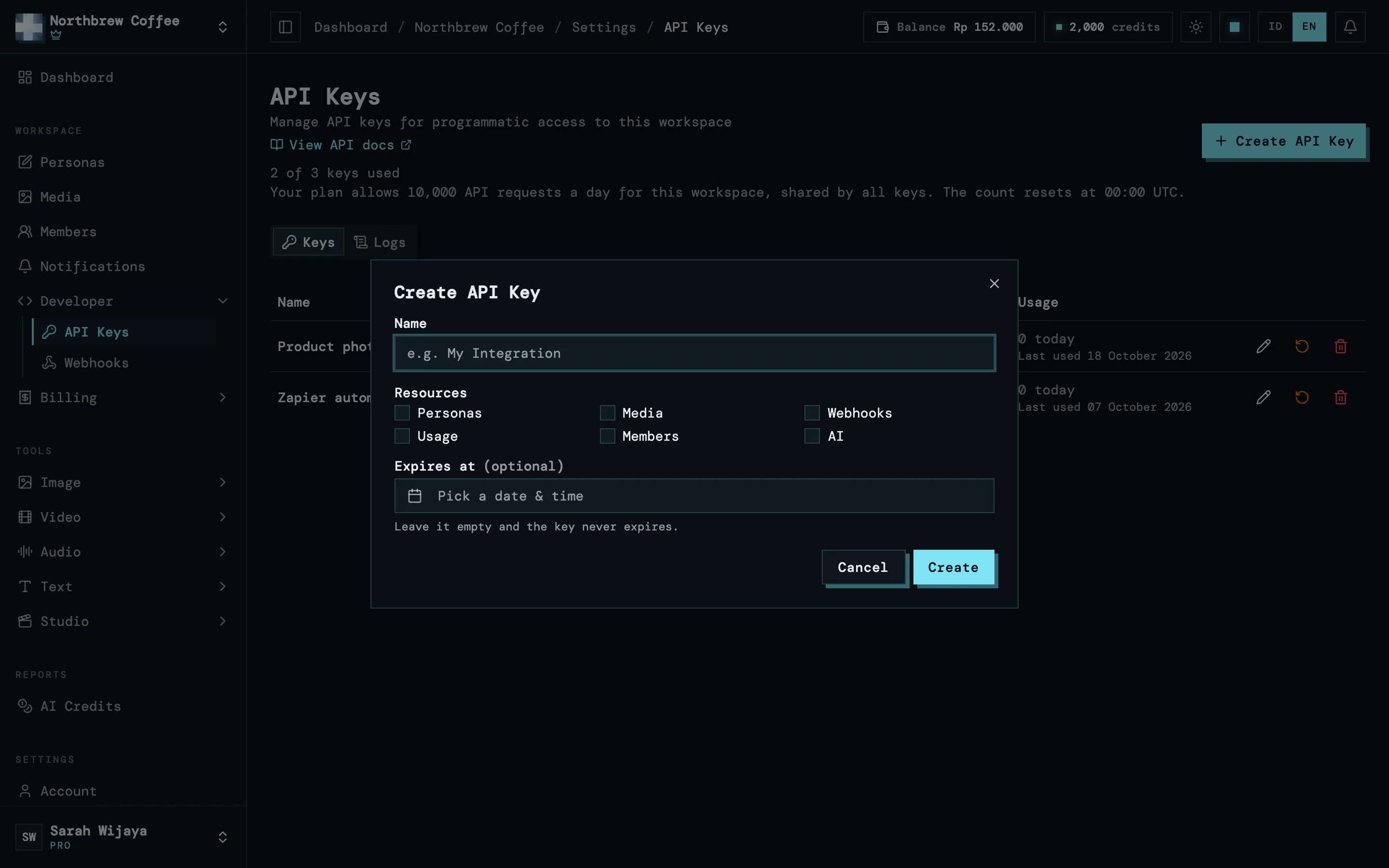 Dialog pembuatan API key dengan kolom nama, centang resource, dan tanggal kedaluwarsa opsional.