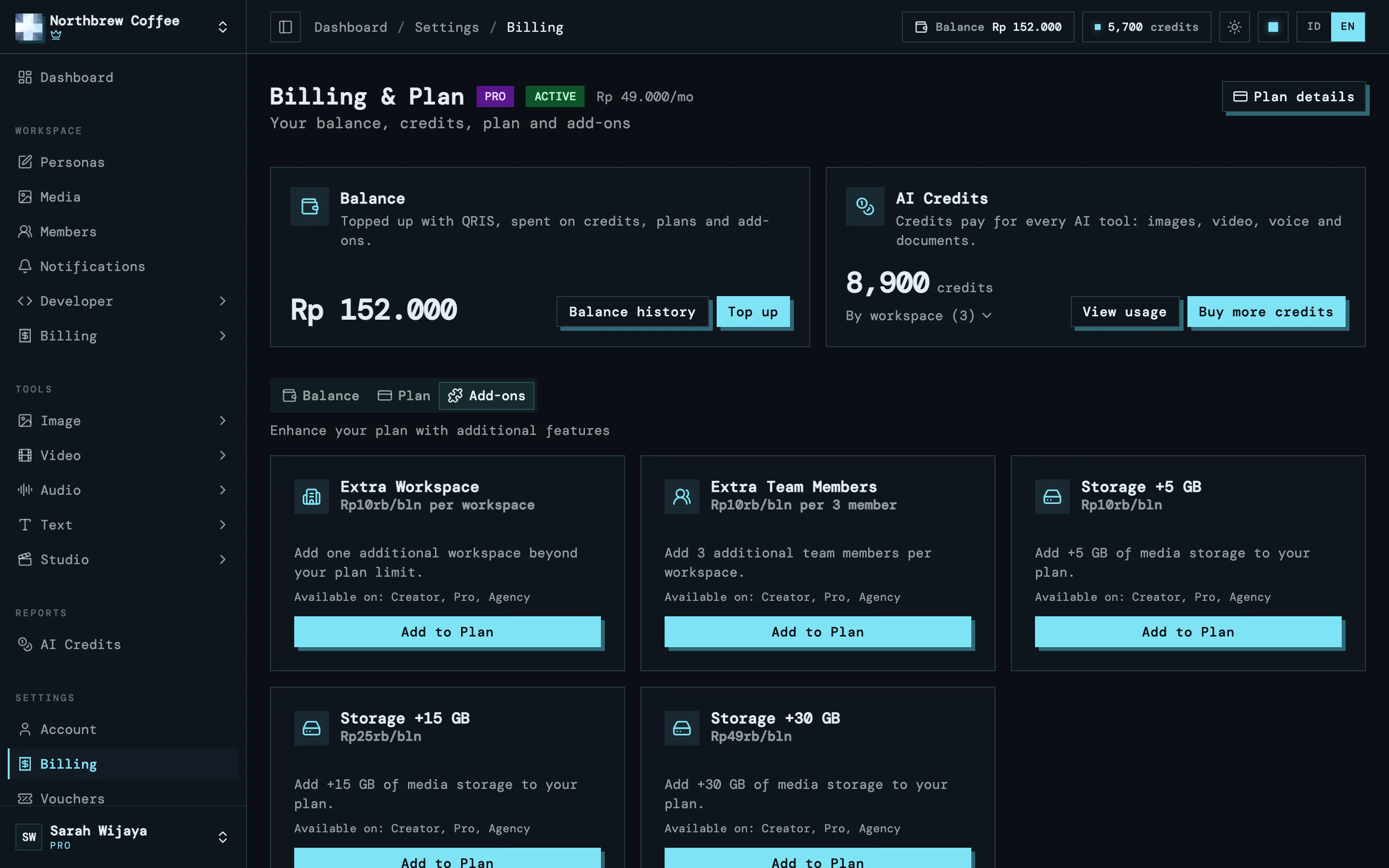 Tab Add-ons di halaman Tagihan dengan ruang kerja tambahan, anggota tambahan, dan penyimpanan tambahan.