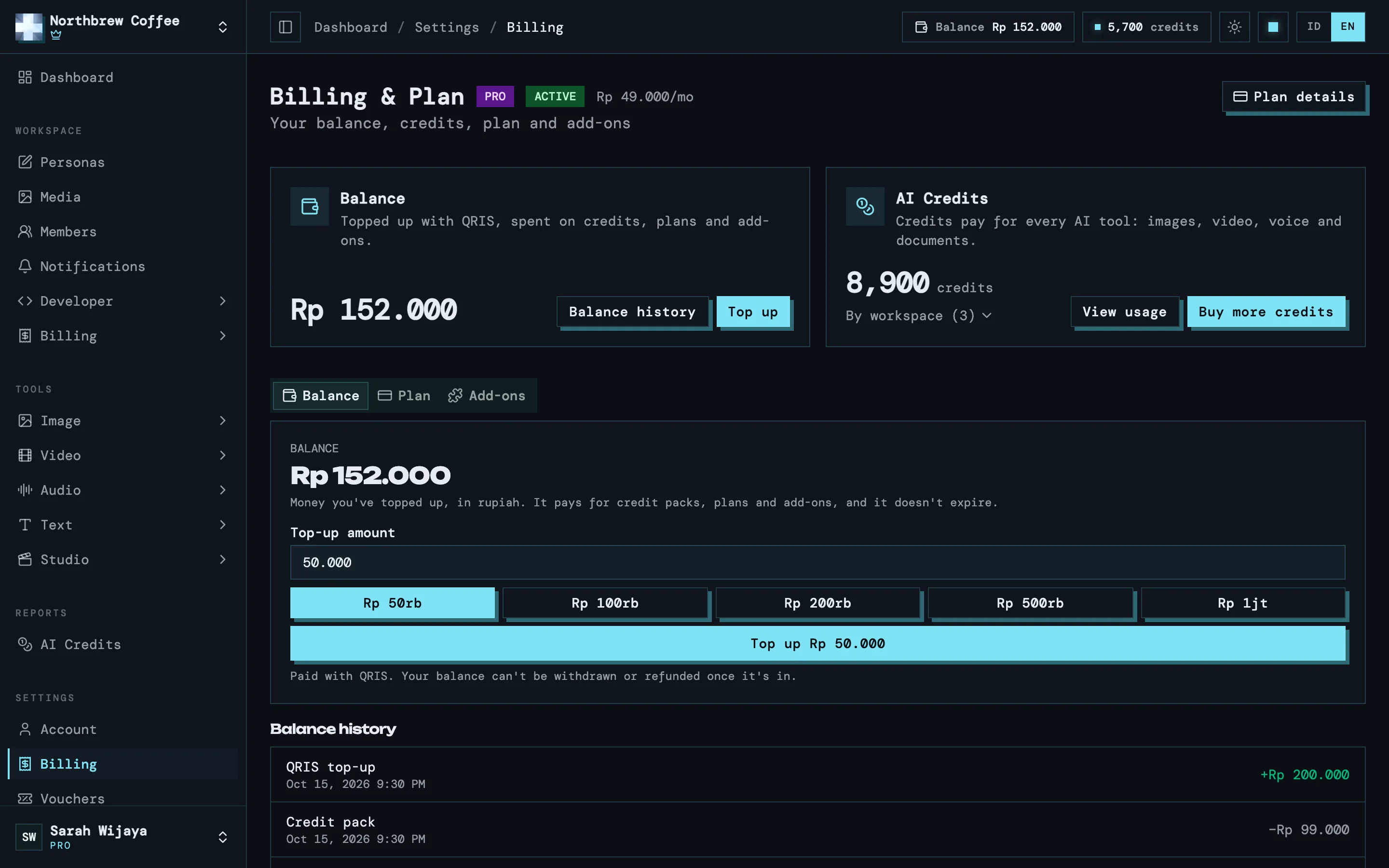 Tab Saldo di halaman Tagihan, dengan kotak top-up dan riwayat saldo.