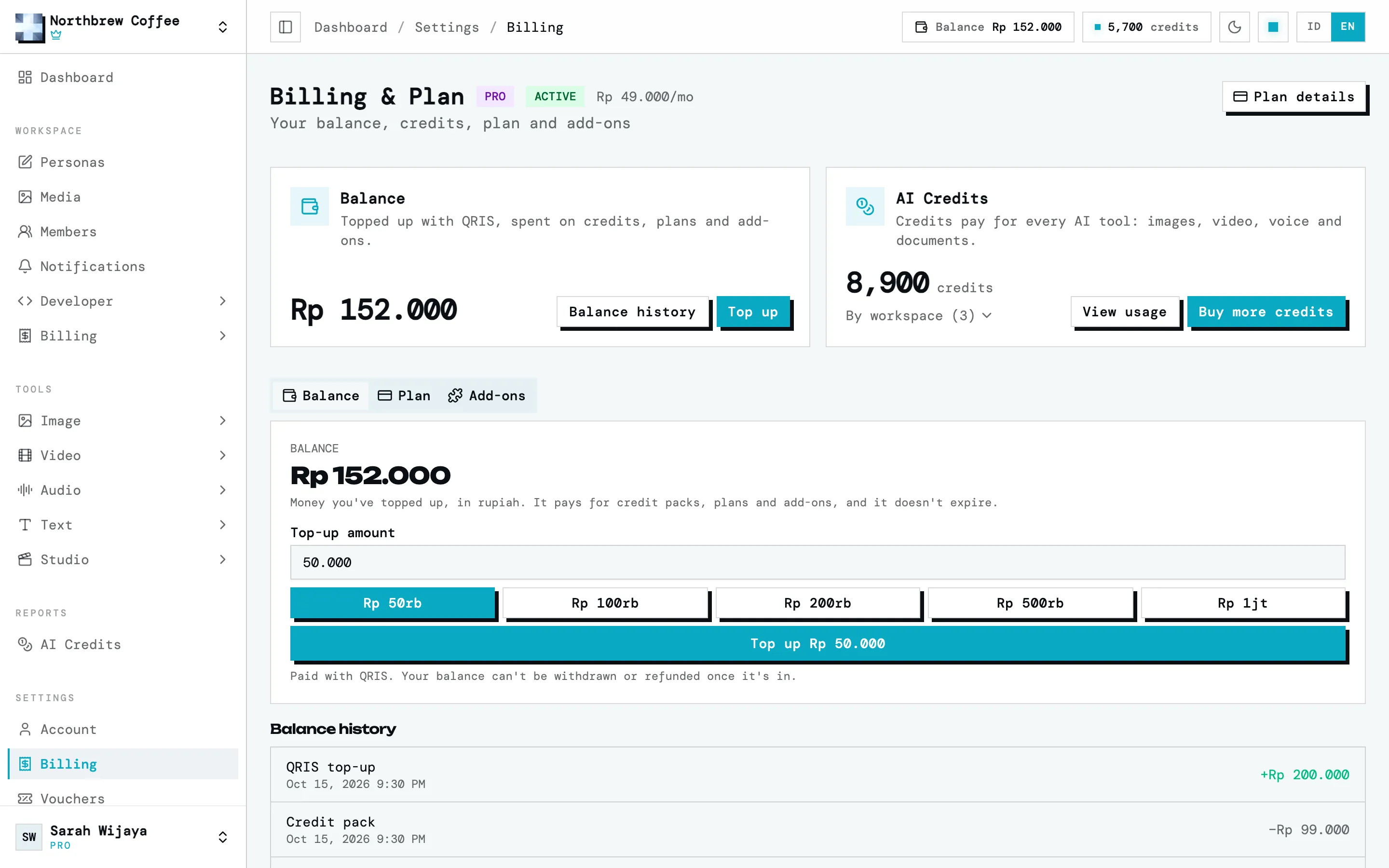 Tab Saldo di halaman Tagihan, dengan kotak top-up dan riwayat saldo.