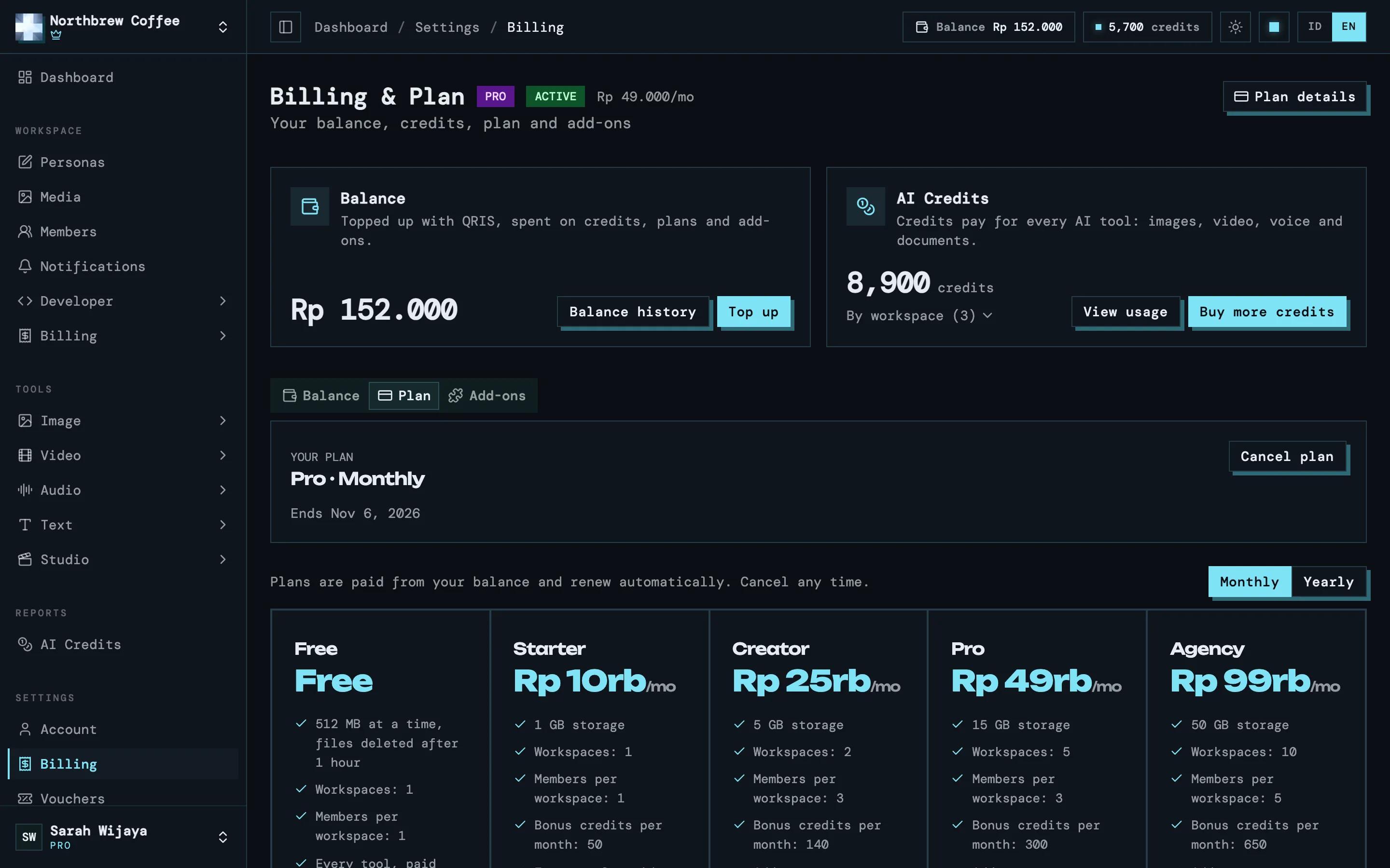 Tab Plan di halaman Tagihan dengan kartu tiap paket.