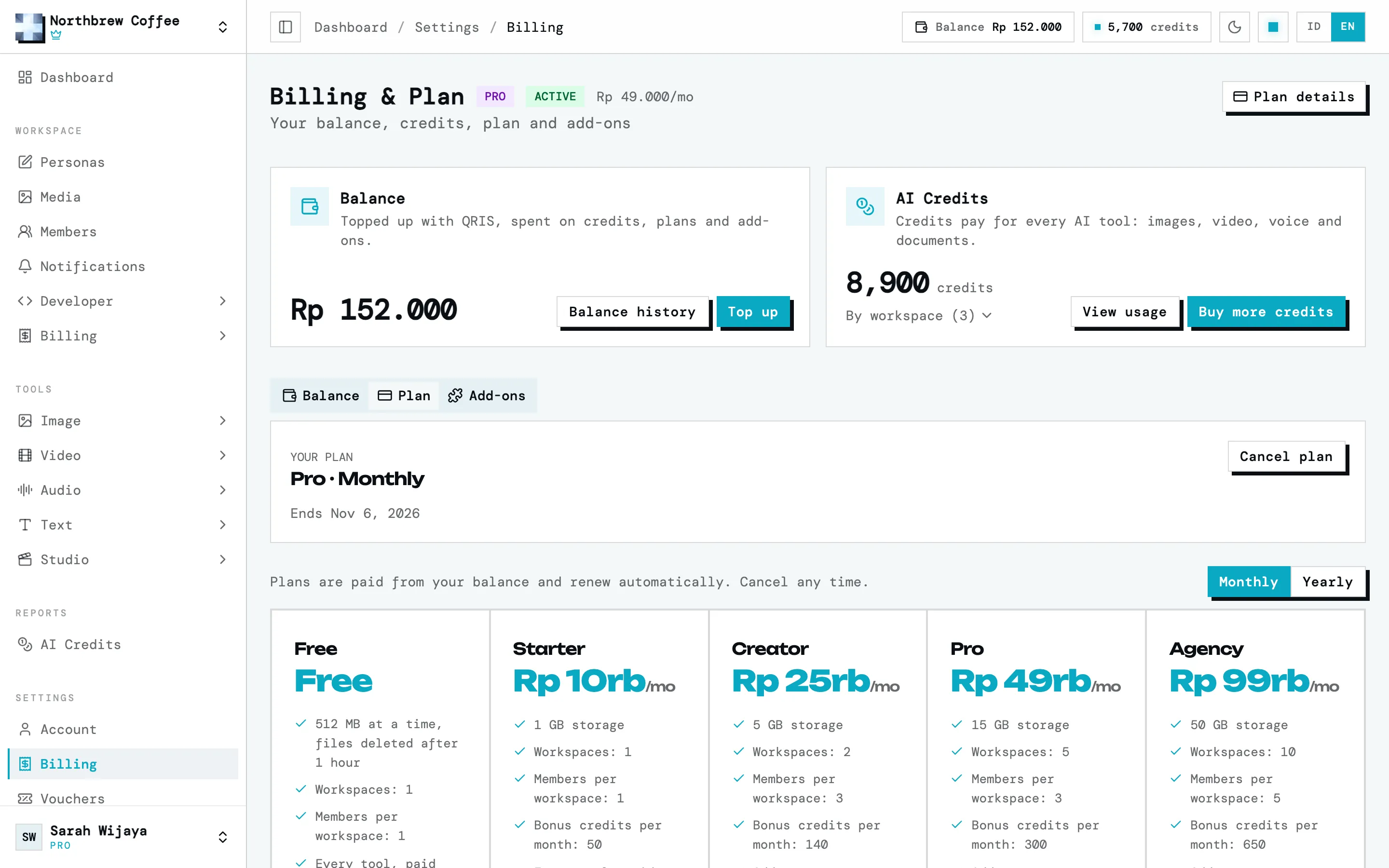 Tab Plan di halaman Tagihan dengan kartu tiap paket.