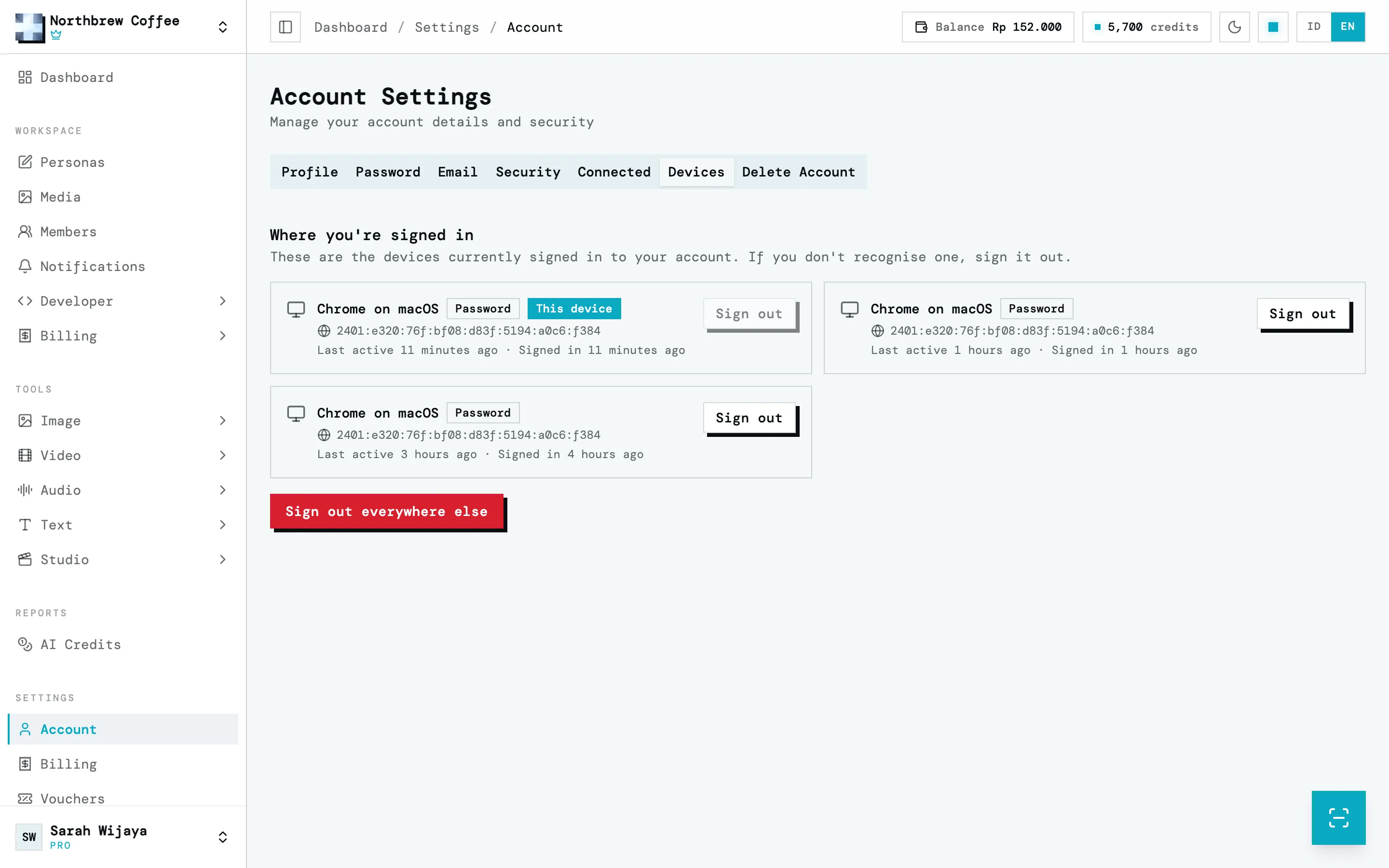 Tab Perangkat berisi daftar sesi aktif beserta browser, cara masuk, alamat IP, dan aktivitas terakhirnya.