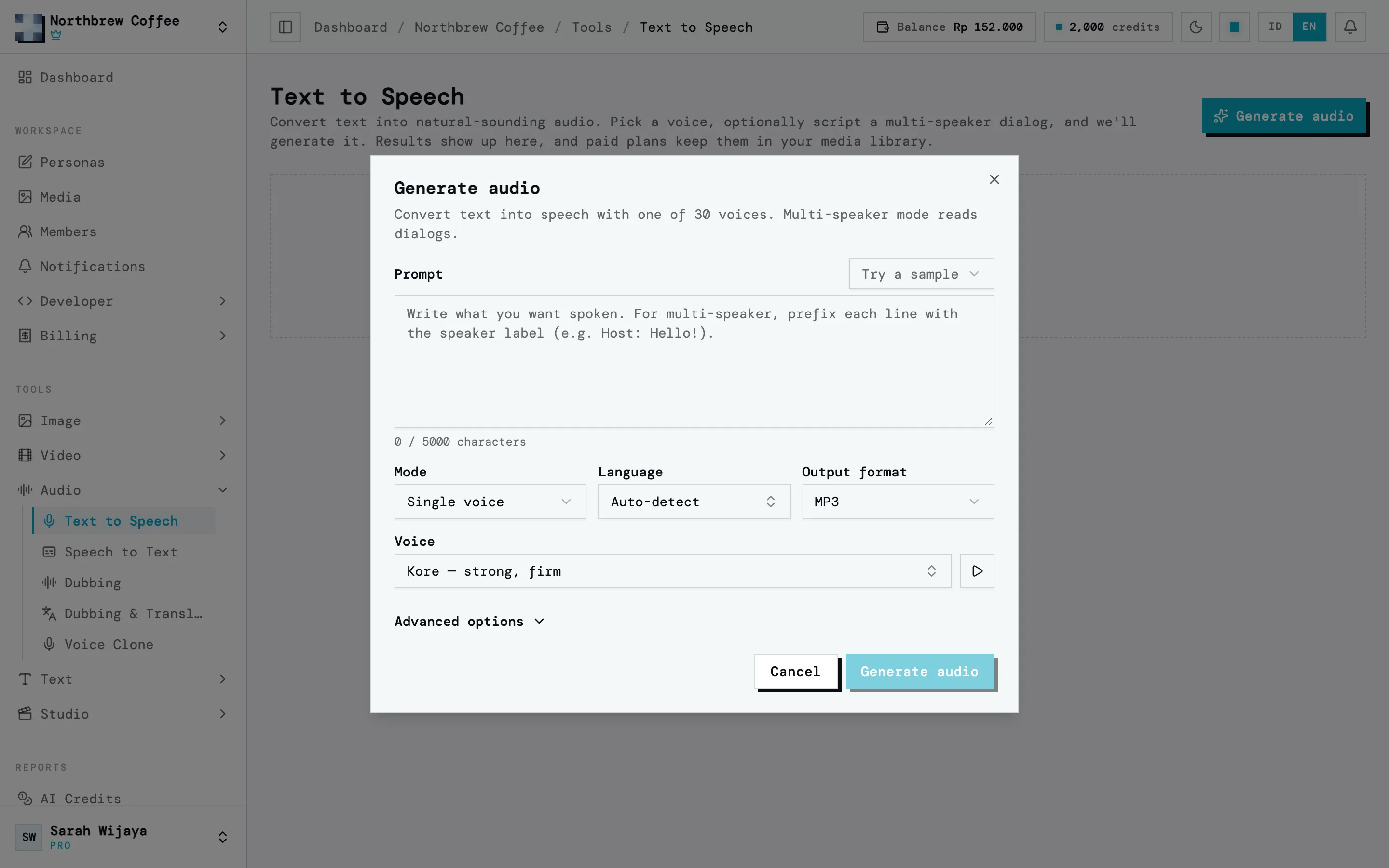 Formulir Buat audio dengan kolom teks, penghitung karakter, dan pilihan suara.